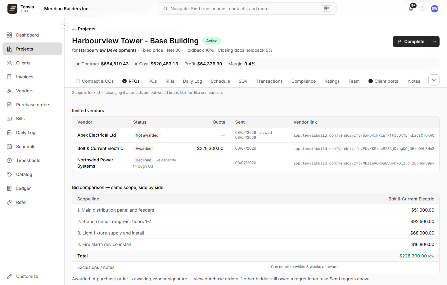 RFQ bid leveling: invited vendors with statuses and quotes, and a side-by-side bid comparison on identical scope lines.