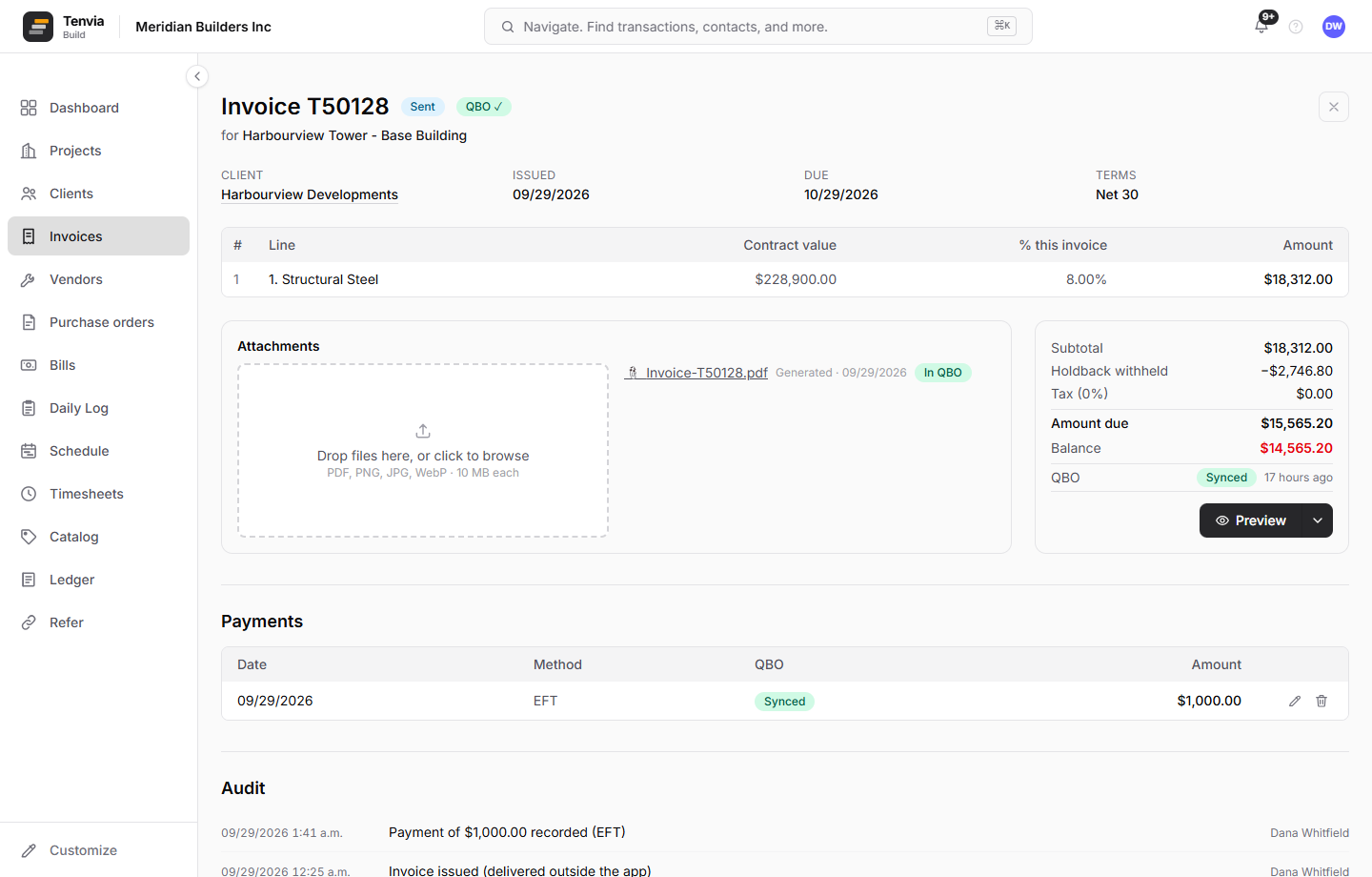 Invoice T50128: the structural steel line claimed at 8 percent for $18,312, with $2,746.80 holdback withheld on the invoice, an amount due of $15,565.20, and a $1,000 payment recorded against it.
