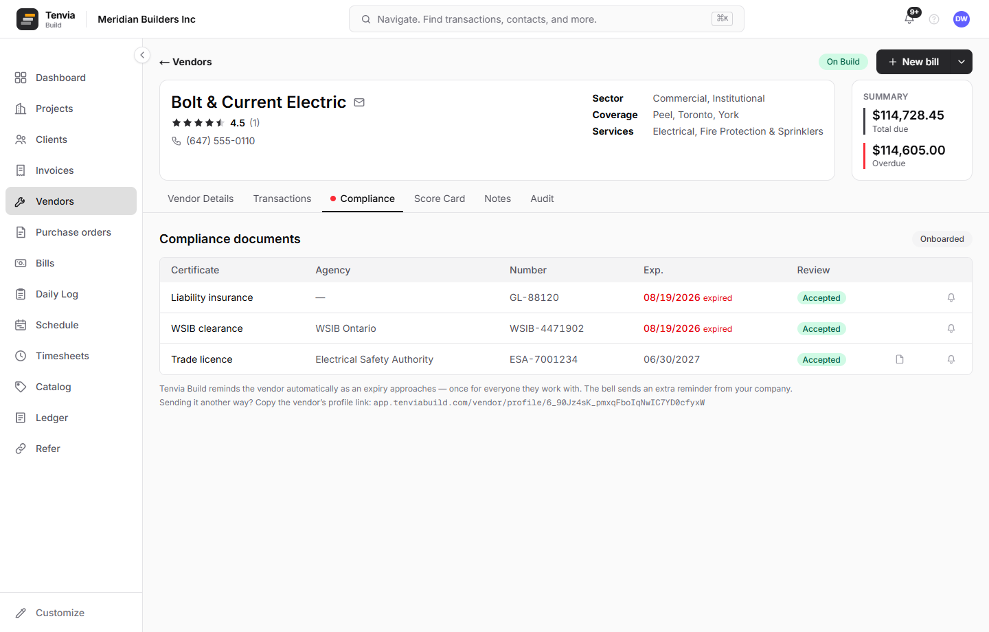 Vendor compliance tab: liability insurance, WSIB clearance, and trade licence with numbers, expiry dates, and review status.